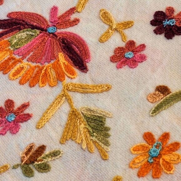 Boho Embroidered Wool Scarf Colorful Floral Cream Raw Edges Large 70 Long x 20 - Picture 4 of 12